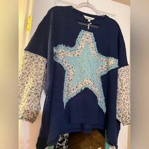 DAVI & DANI Navy Sweater with Blue Star and Floral Sleeves